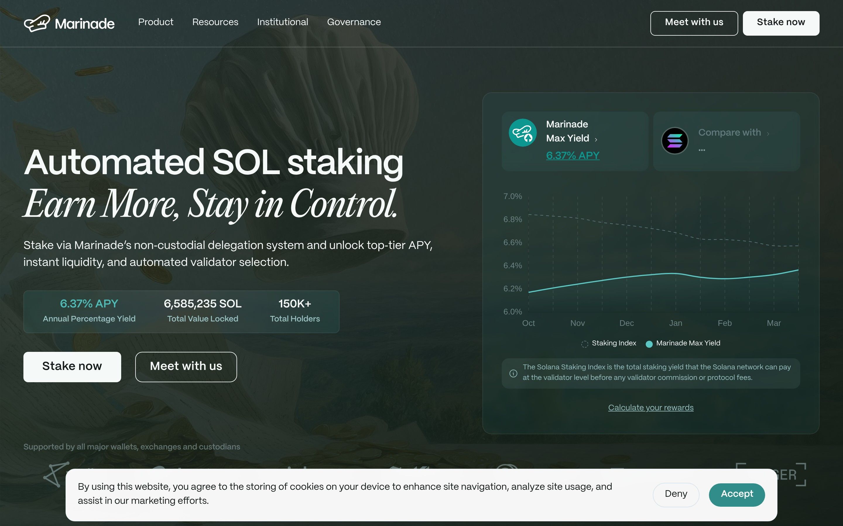 Marinade Finance homepage showing liquid staking interface