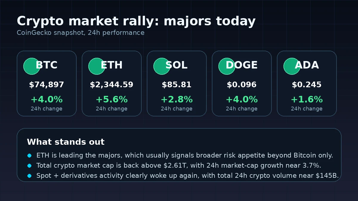 Data visual showing Bitcoin, Ethereum, Solana, Dogecoin and Cardano gains during today's crypto market rally