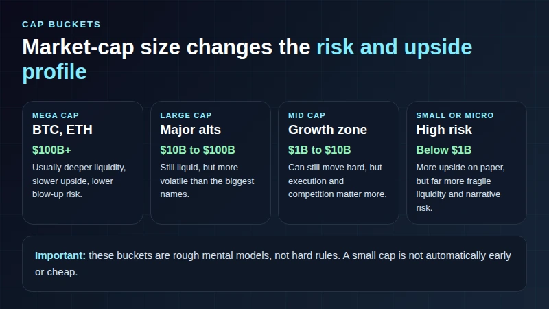 Conceptual visual showing mega-cap, large-cap, mid-cap, and small-cap crypto buckets