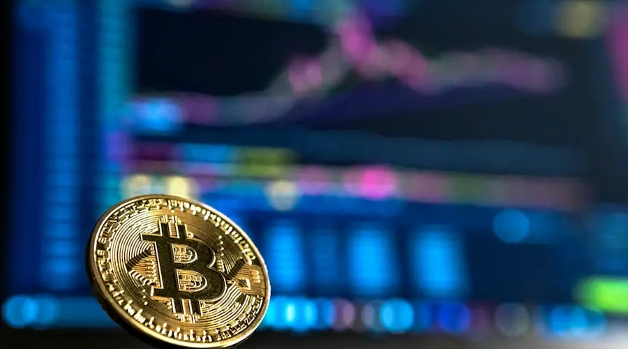 Bitcoin cryptocurrency coin with price chart showing bearish pattern and key support levels