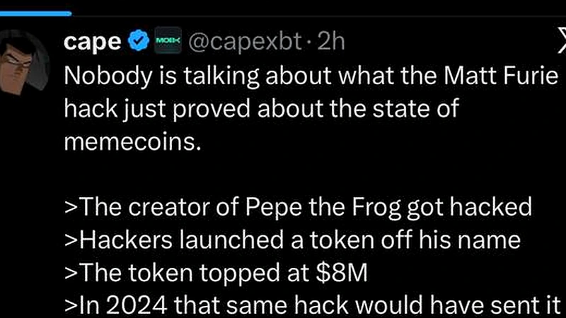 Social post arguing the Matt Furie hack exposed weak memecoin demand and fading supercycle momentum
