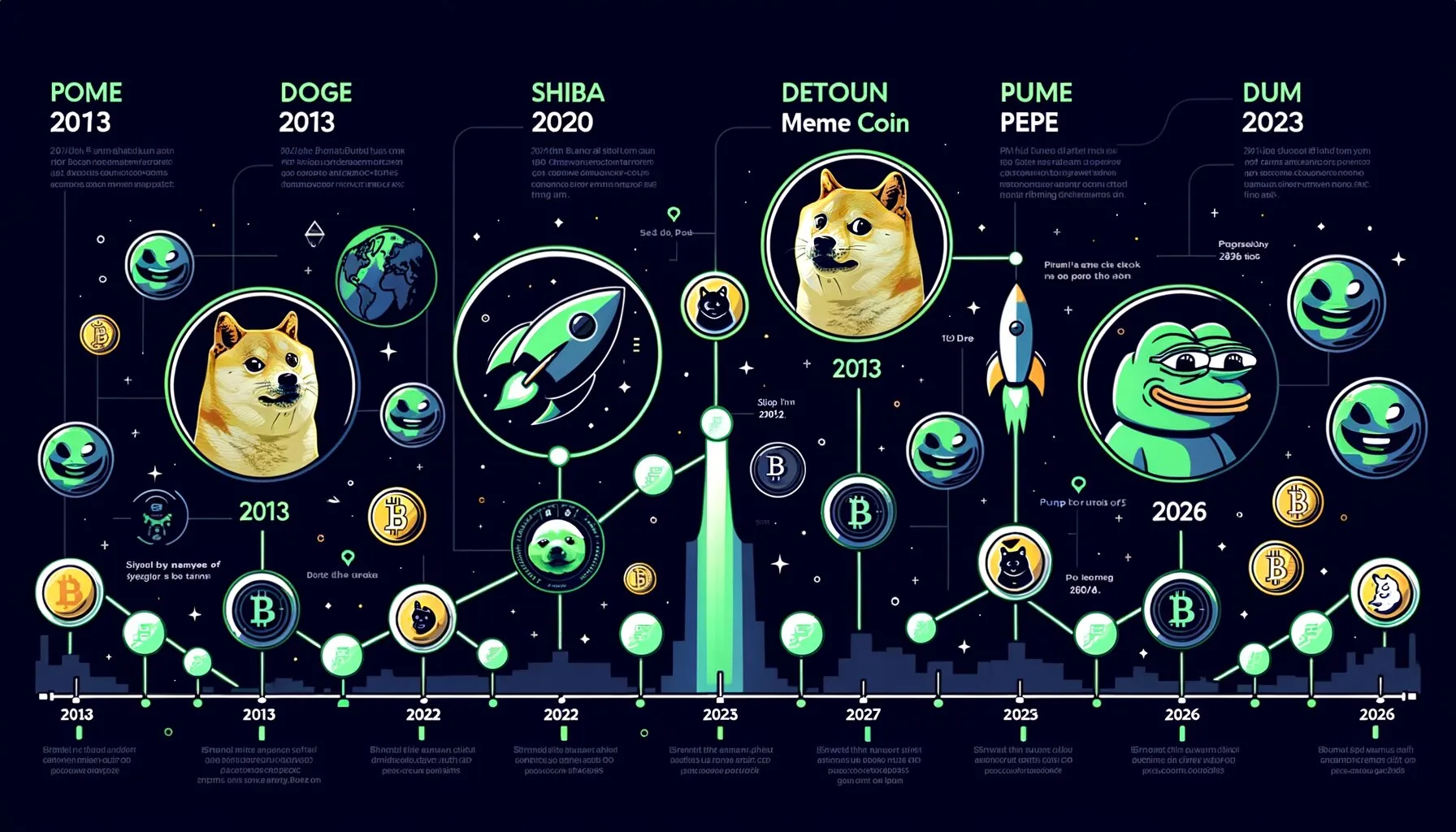 Meme coin history timeline from Dogecoin 2013 to Pump.fun era 2026
