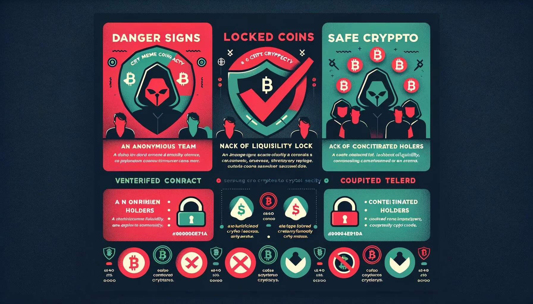 Meme coin red flags and safety checklist showing danger signs and green checkmarks for evaluating memecoins