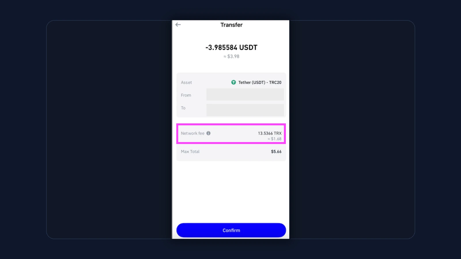 Trust Wallet confirmation screen showing the network fee and final transfer review before sending
