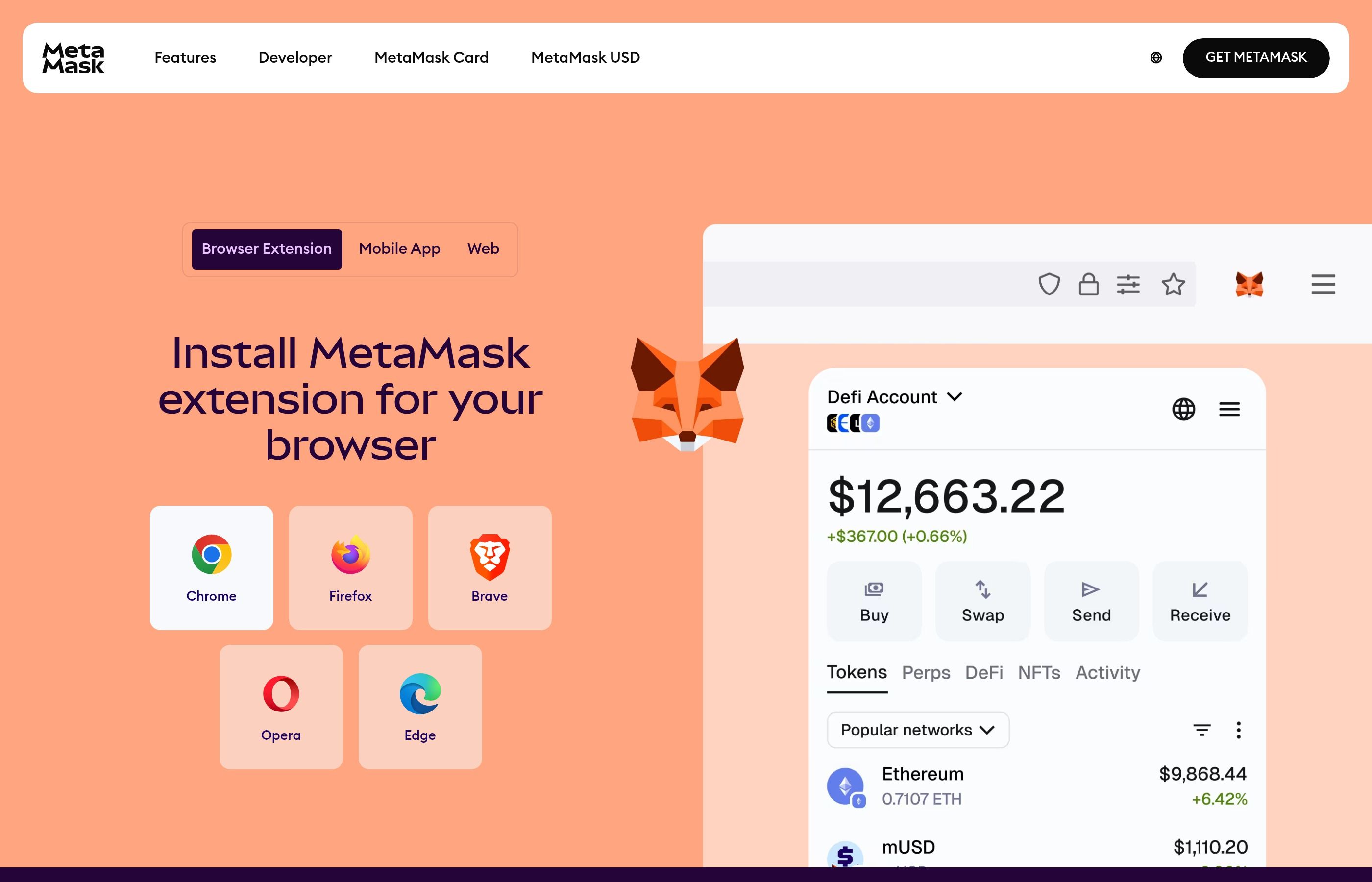 MetaMask wallet download page for browser and mobile