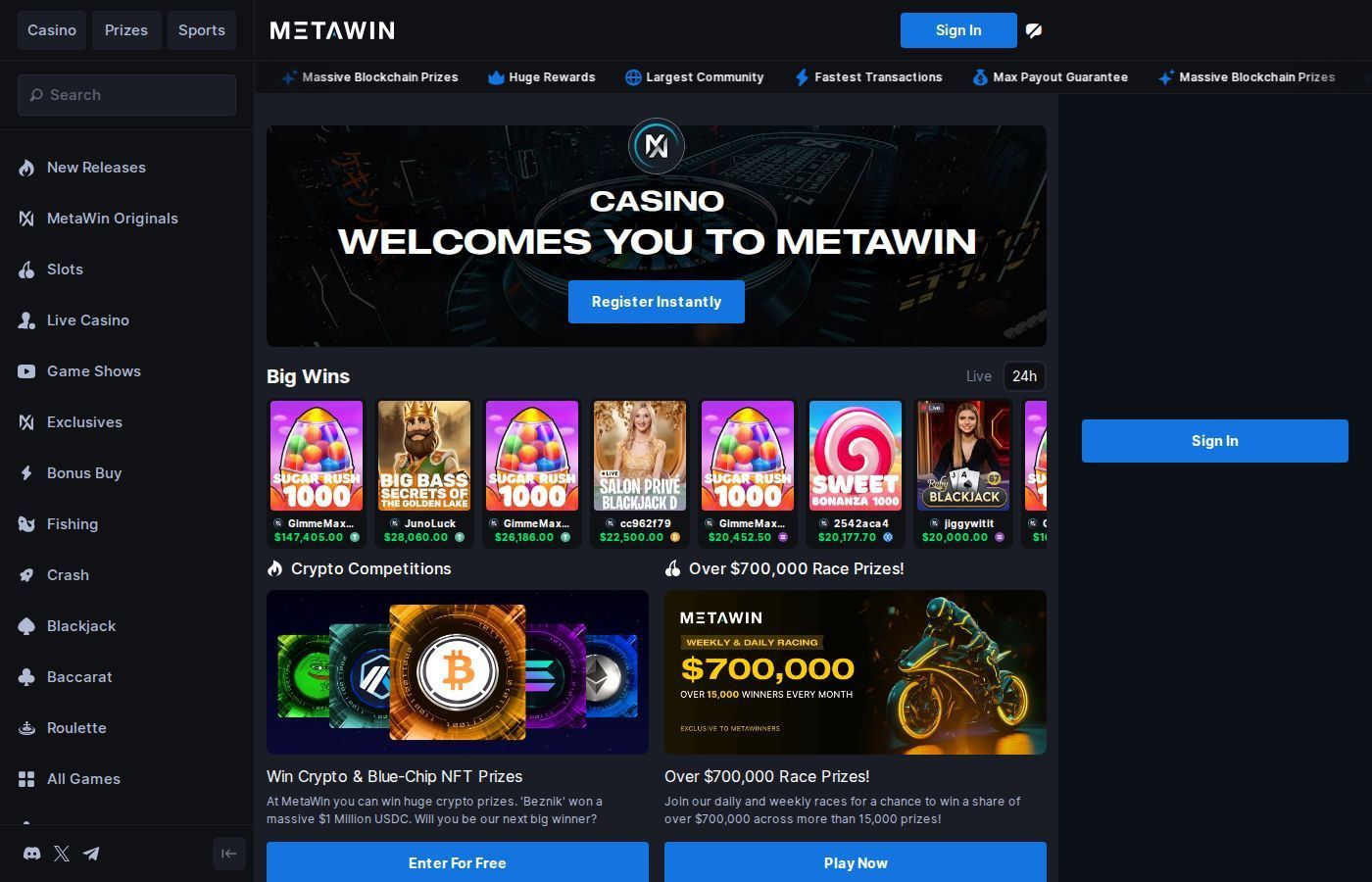 MetaWin Casino page showing Big Wins carousel and $700K weekly races
