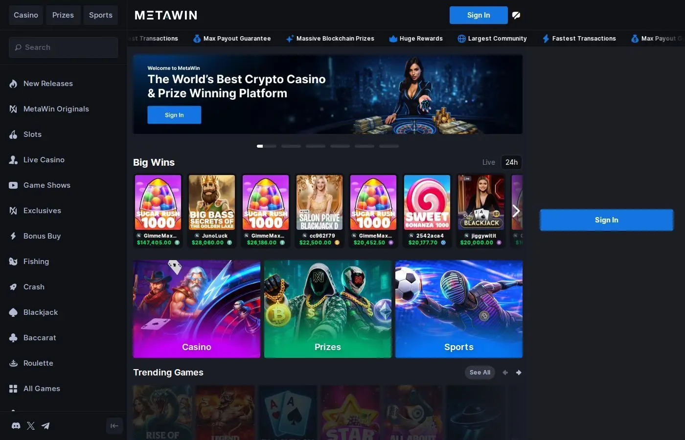 MetaWin Homepage showing Big Wins of $147K and trending games