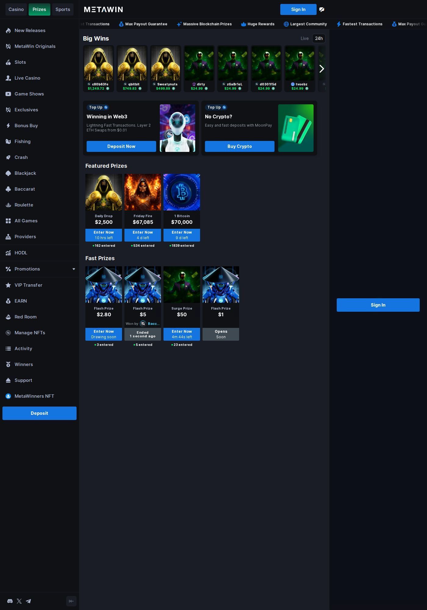 MetaWin Prizes page showing $2,500 Daily Drop and $70K Bitcoin competitions