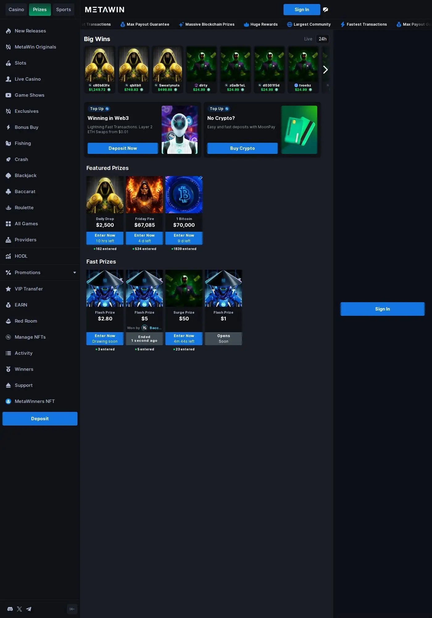 MetaWin Prizes page showing $2,500 Daily Drop and $70K Bitcoin competitions