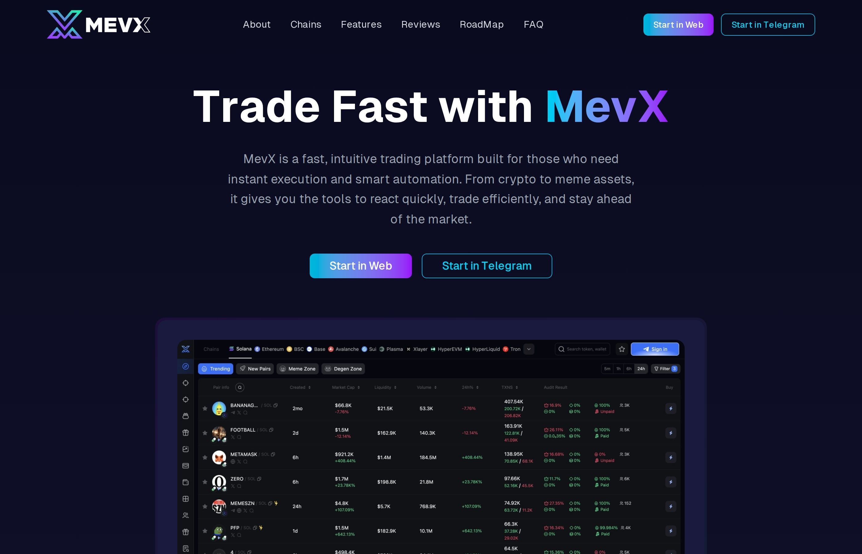 MEVX MEV protection trading platform homepage