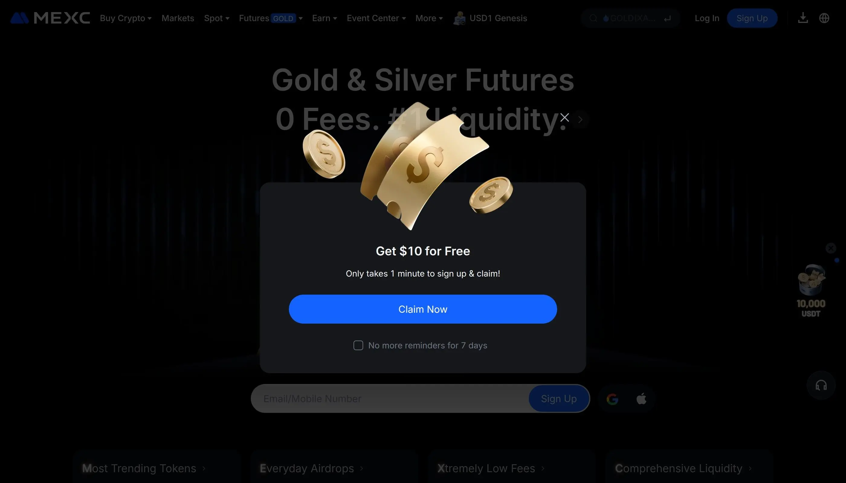 MEXC Exchange homepage showing the main trading dashboard and market overview