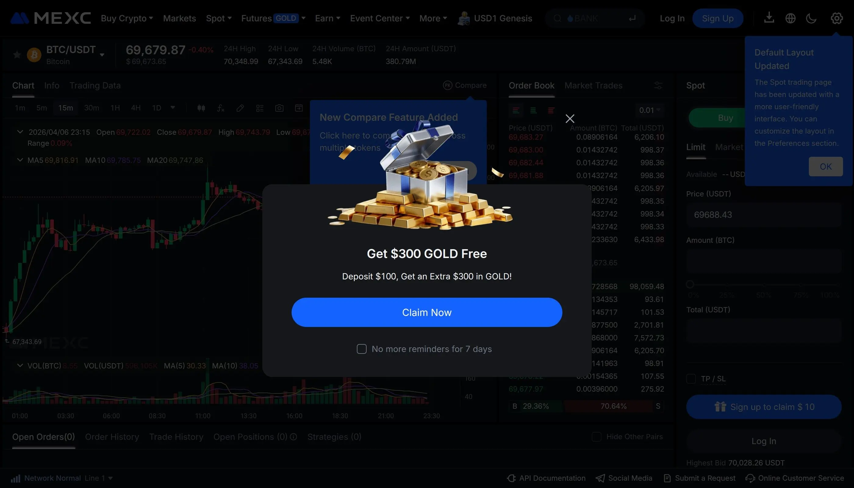 MEXC spot trading interface showing the BTC/USDT order book, price chart, and trade execution panel