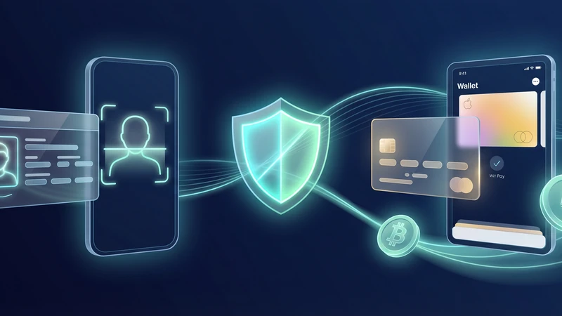 Illustration of identity verification, payment methods, and wallet security during a MoonPay crypto onboarding flow