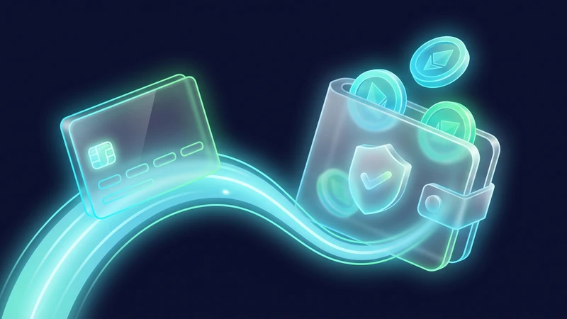 Illustration of a bank card flowing into a secure crypto wallet during a MoonPay purchase