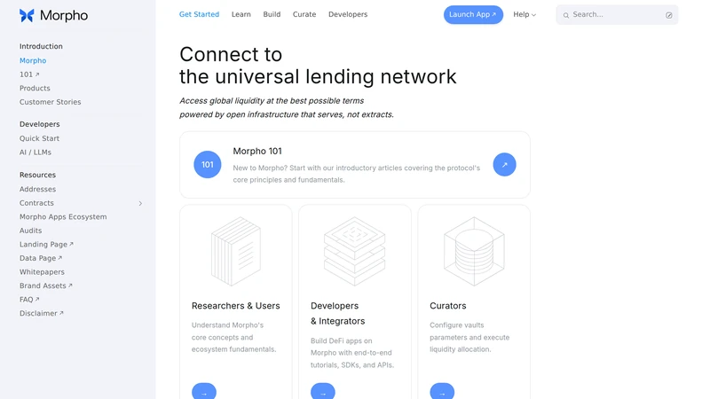 Morpho docs page introducing the universal lending network and learning paths for users and developers
