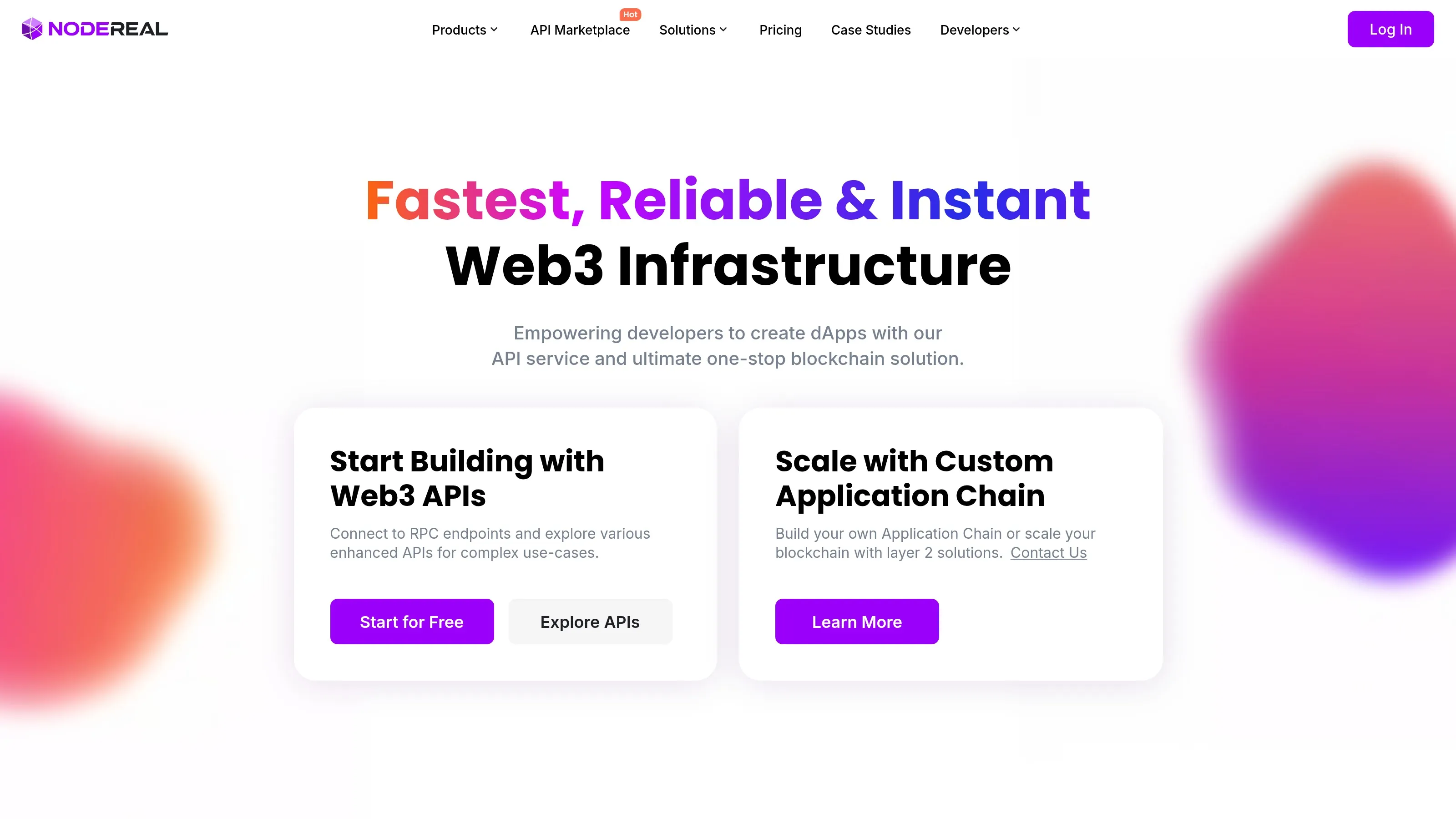 NodeReal homepage showing one-stop blockchain infrastructure provider messaging.