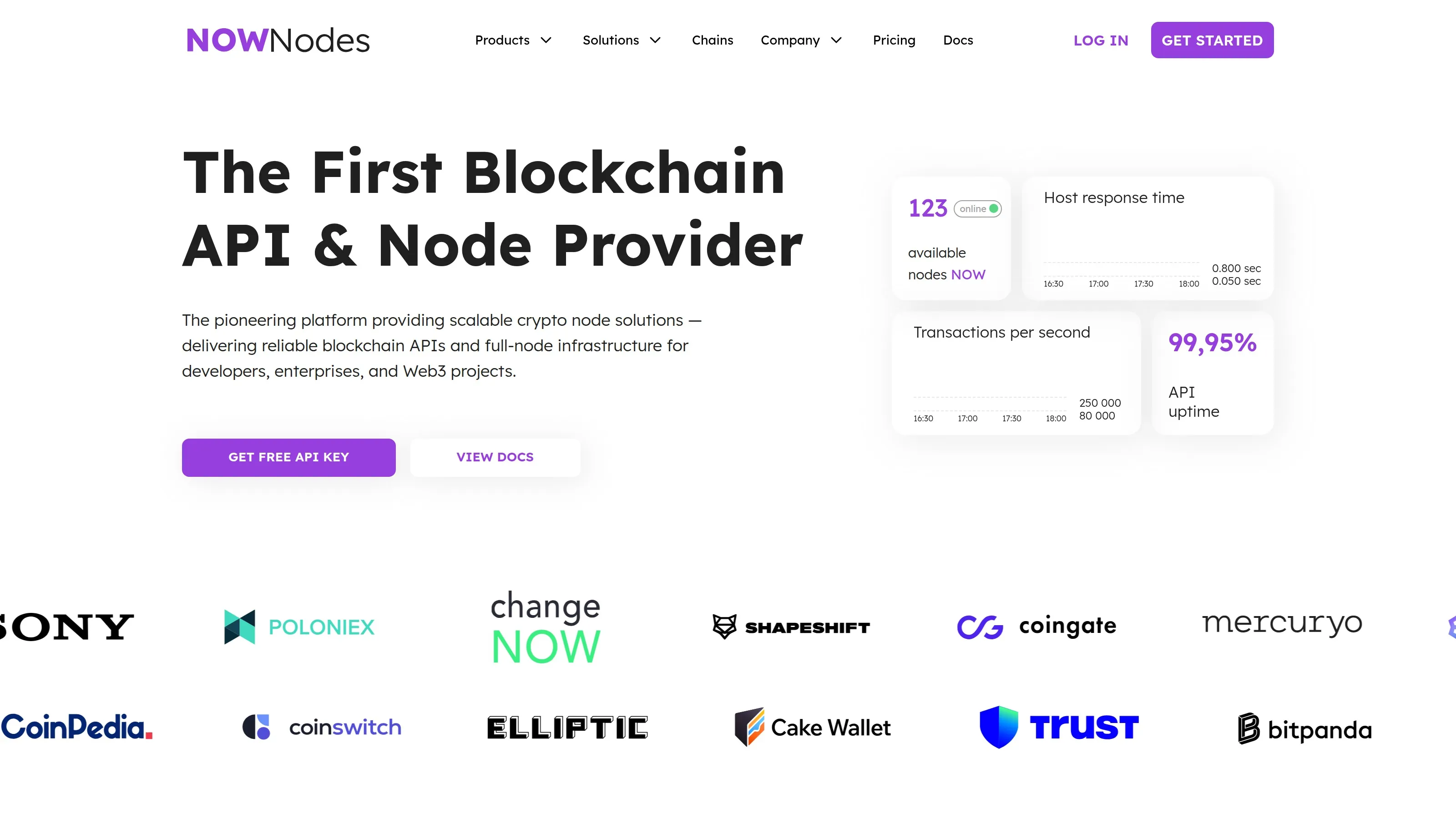 NOWNodes homepage showing blockchain API and node provider messaging.
