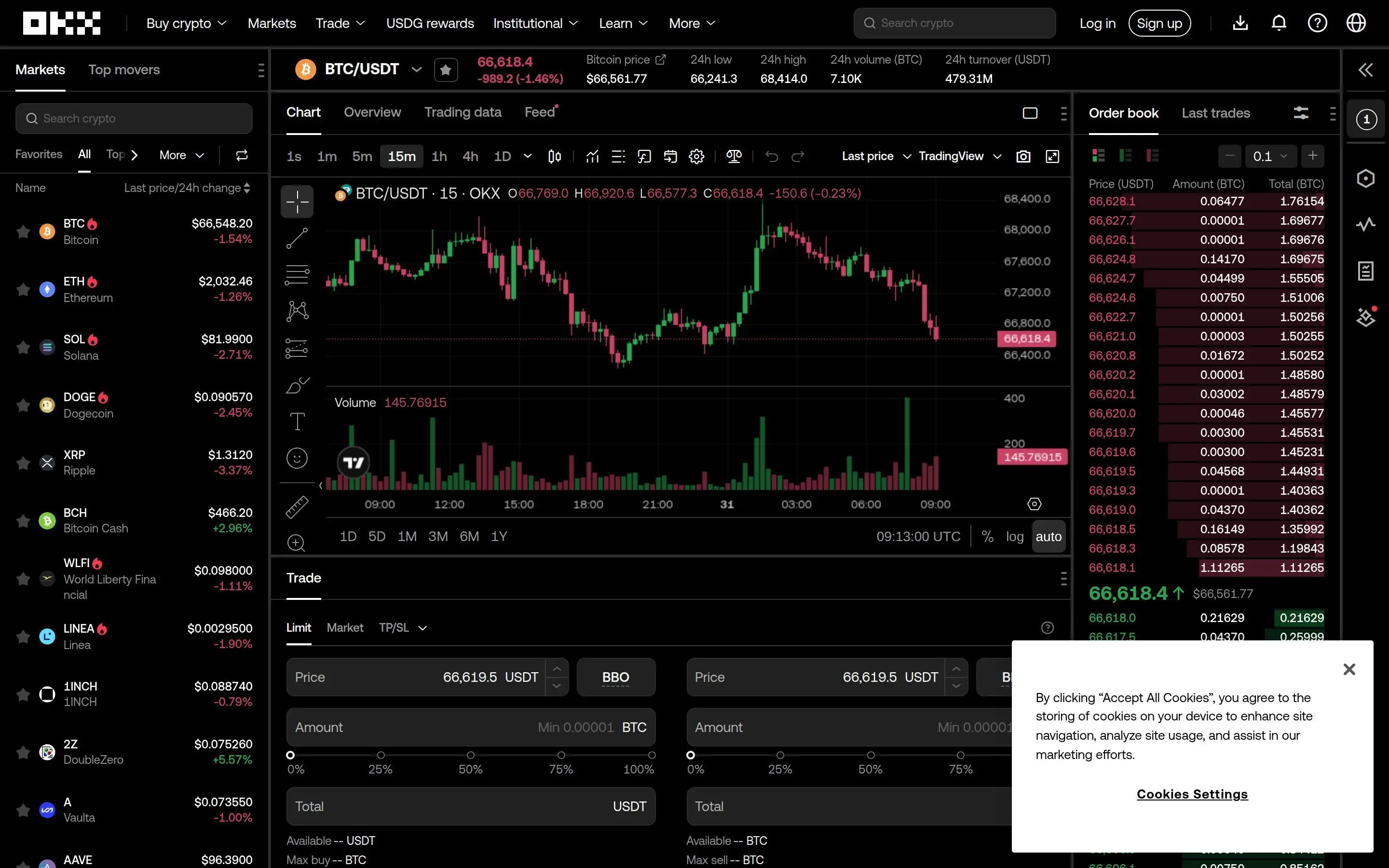 OKX exchange trading interface representing the exchange environment before a withdrawal