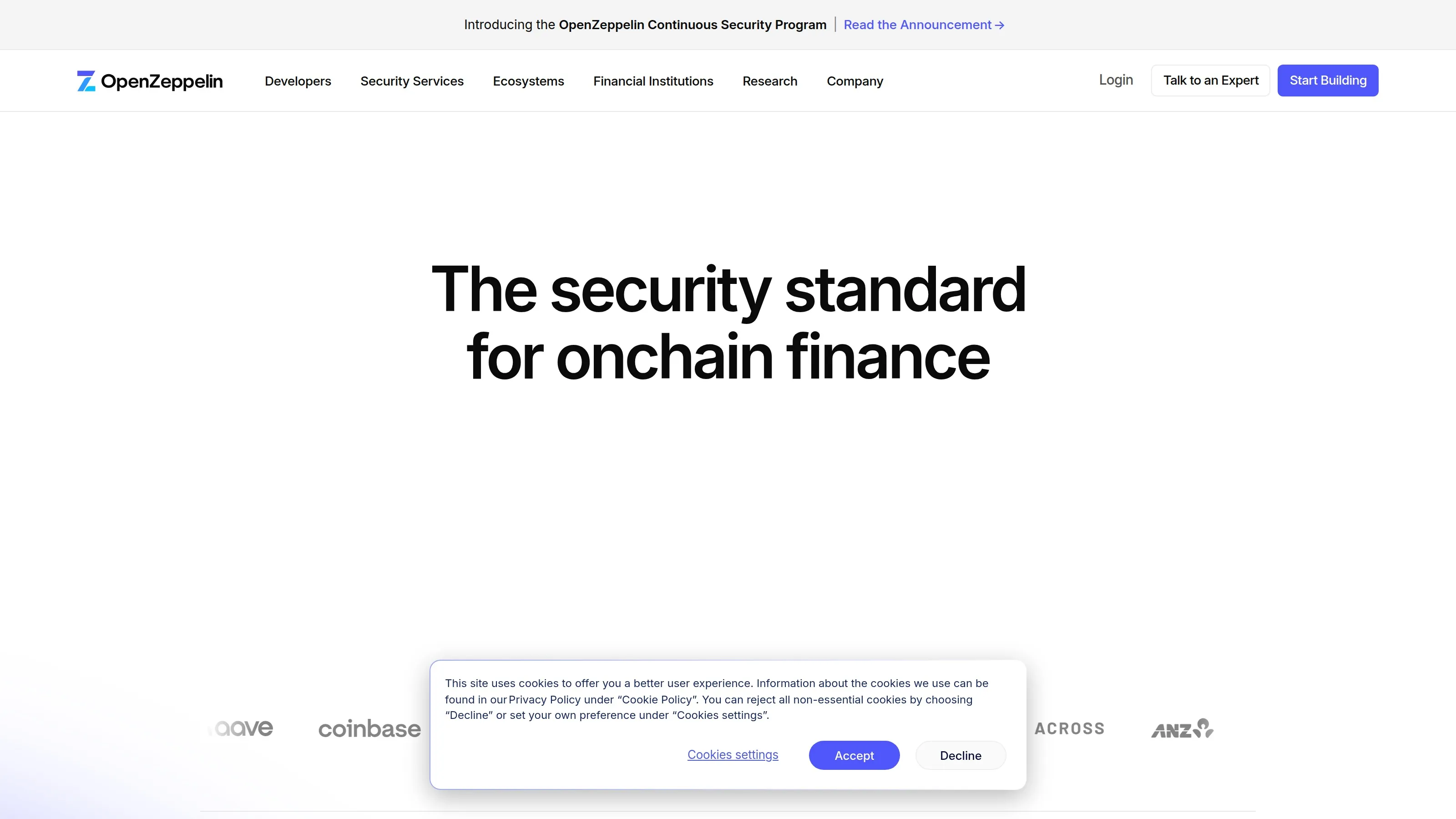 OpenZeppelin homepage showing smart contract libraries, security products and developer resources.