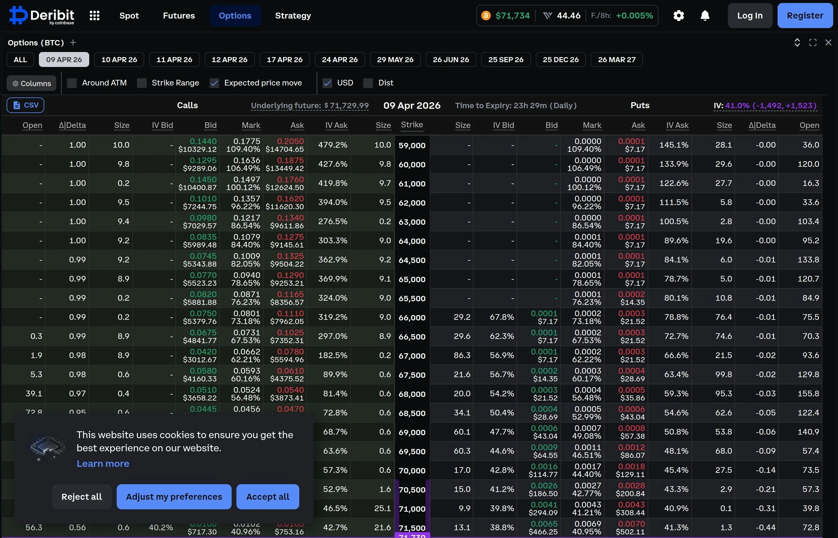 Crypto options trading interface showing calls and puts on Deribit