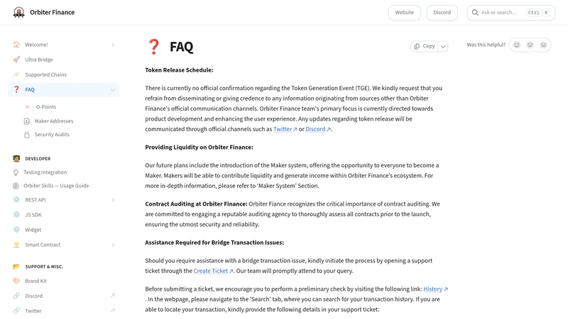 Orbiter Finance FAQ page showing history and support guidance for bridge issues