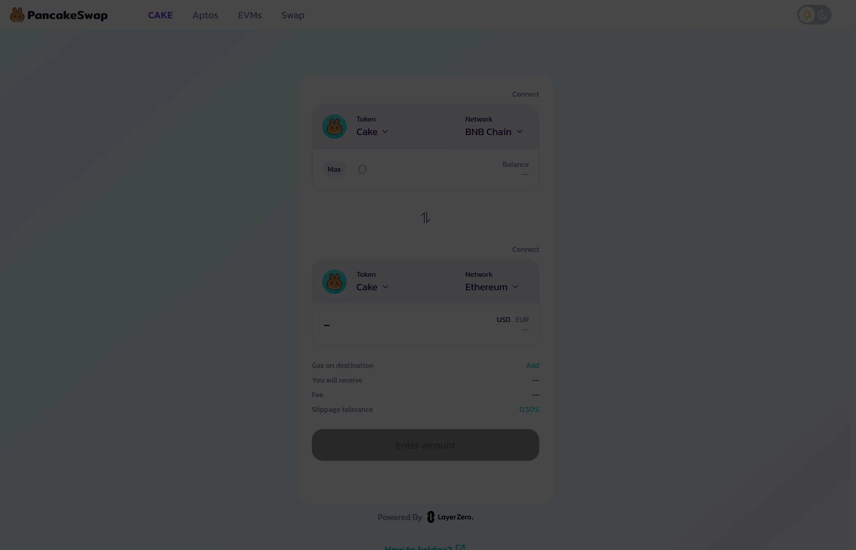 PancakeSwap bridge interface for transferring tokens between BNB Chain, Ethereum, and other networks