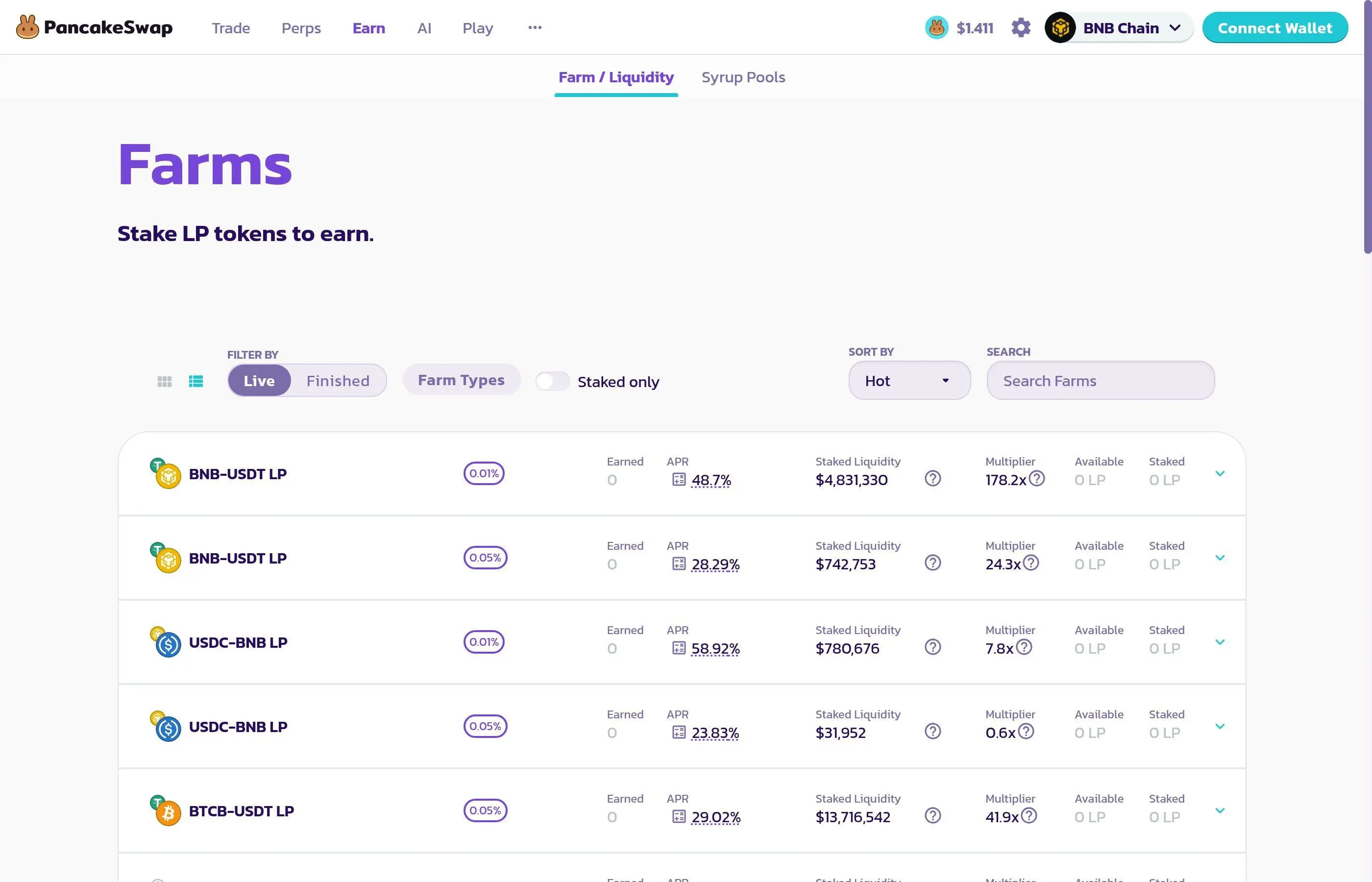PancakeSwap farms page displaying yield farming pools with APR rates and staking options