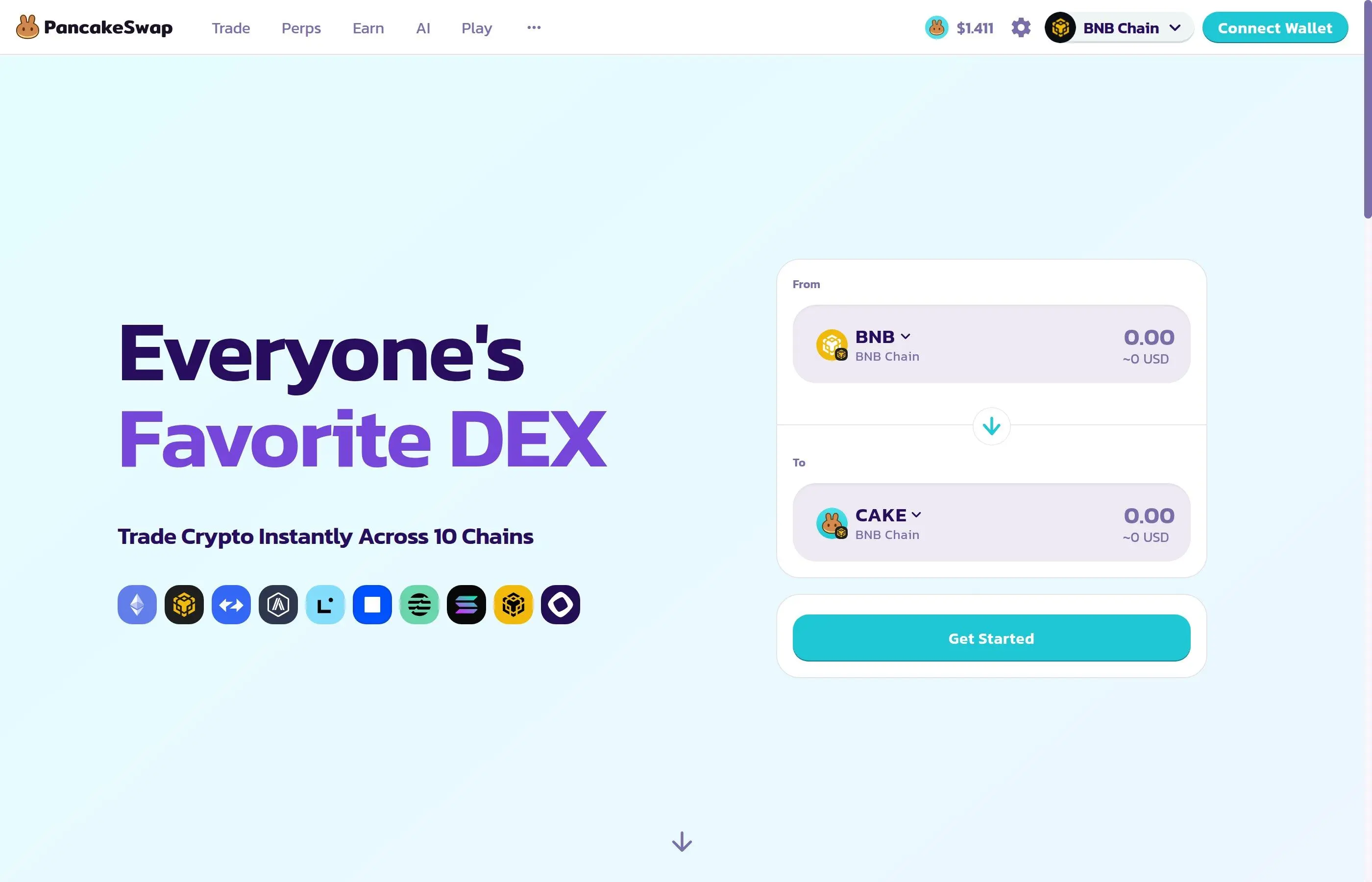 PancakeSwap homepage showing the main trading interface and navigation menu on BNB Chain