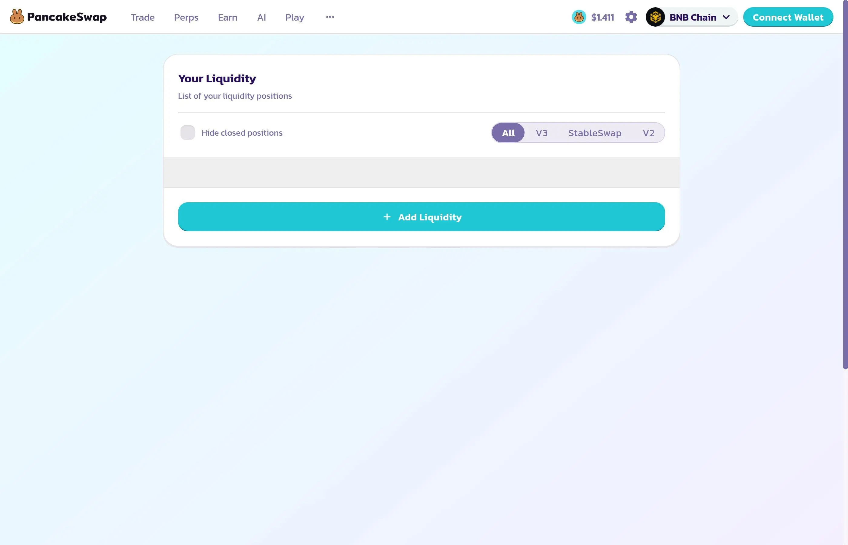 PancakeSwap liquidity page showing active positions and add liquidity options