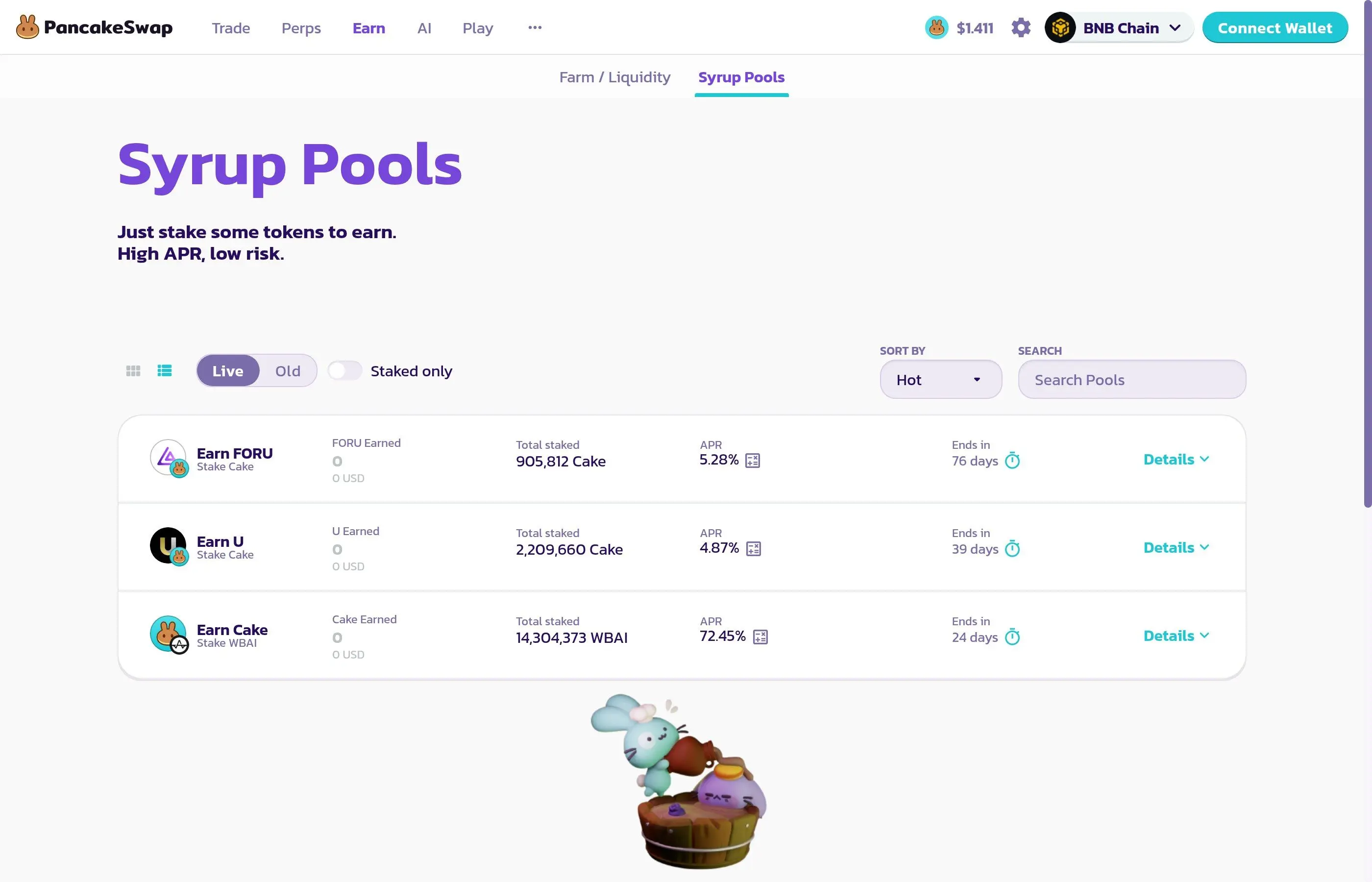PancakeSwap CAKE staking page showing fixed-term and flexible staking options with APR rates