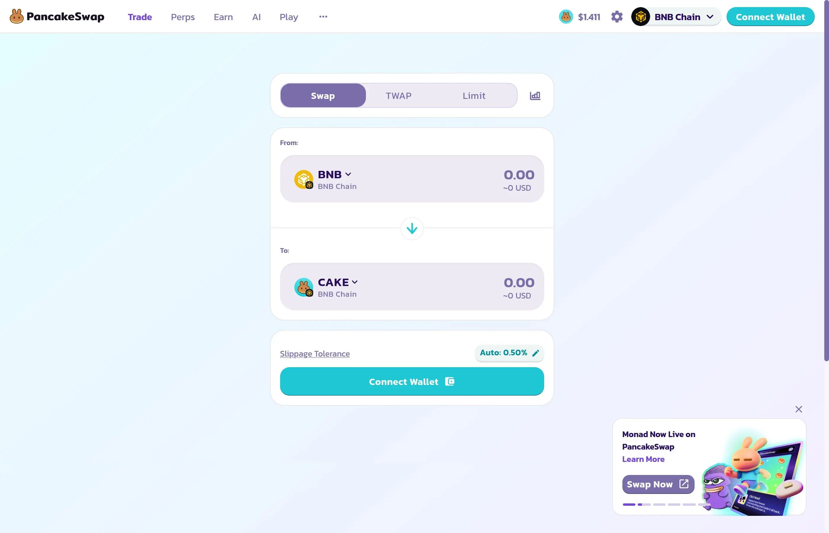 PancakeSwap swap interface showing BNB to CAKE token exchange with slippage settings