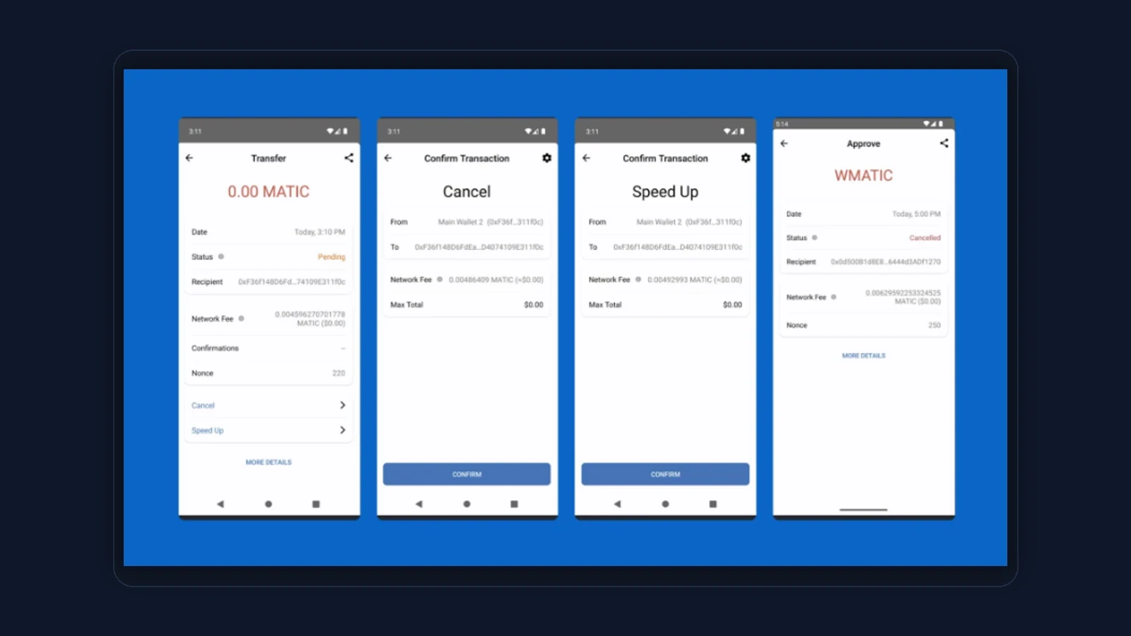 MetaMask-style sequence showing a pending transaction and options to cancel or speed it up