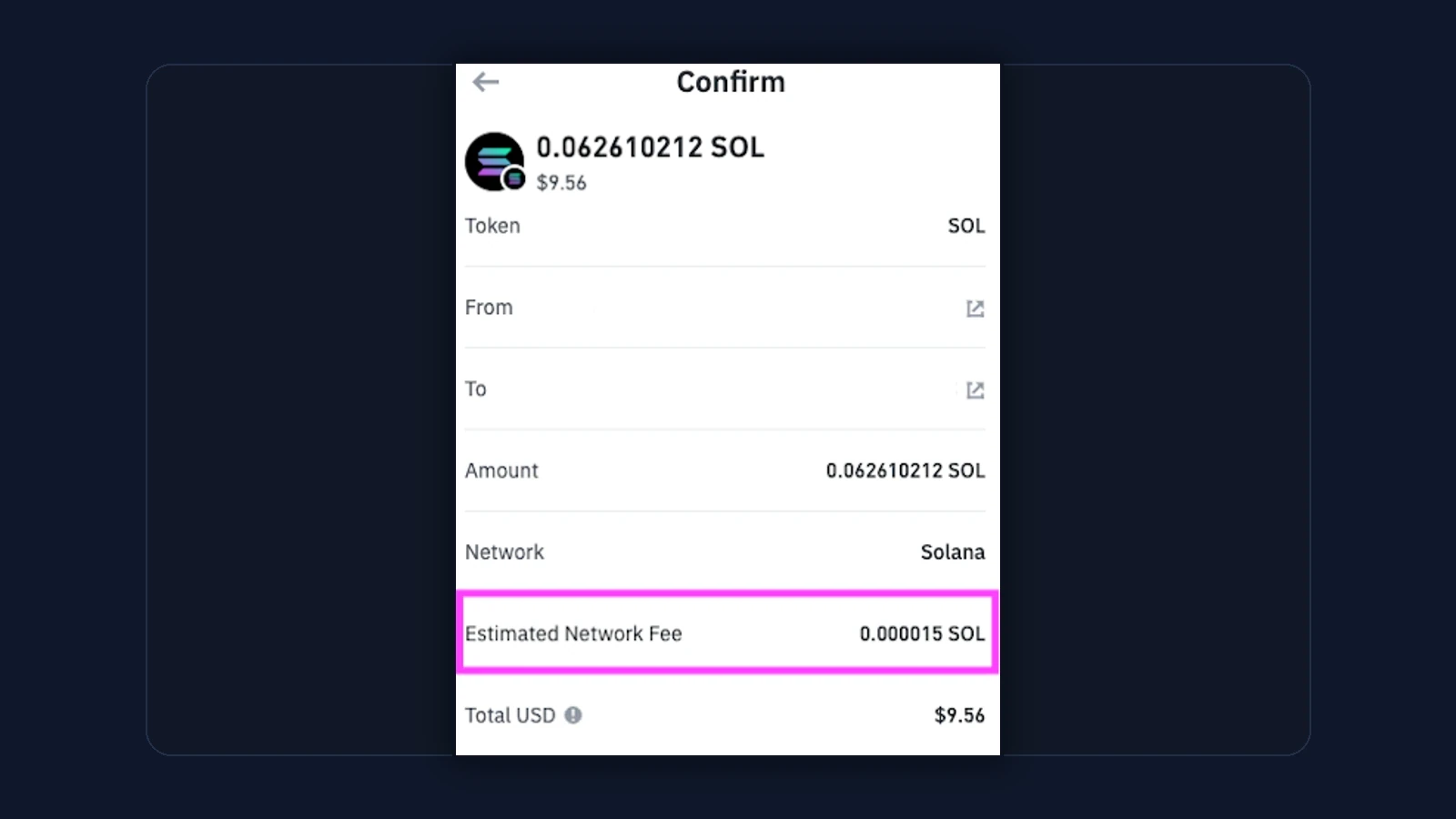 Wallet confirmation view showing the estimated network fee before sending