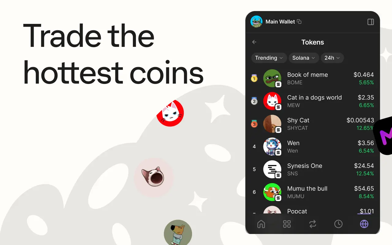 Phantom wallet trending tokens screen showing popular Solana memecoins with price changes