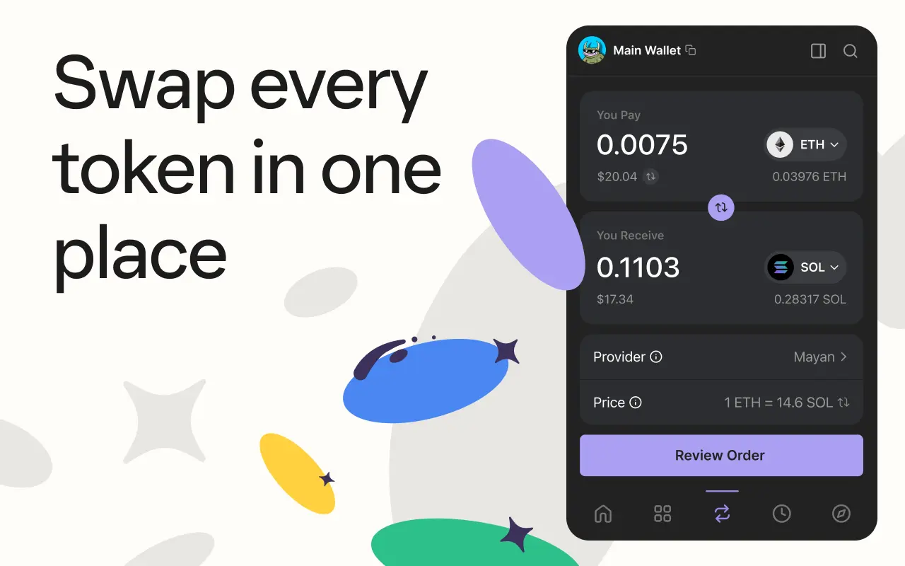 Phantom wallet cross-chain swap interface - swapping ETH to SOL via Mayan bridge