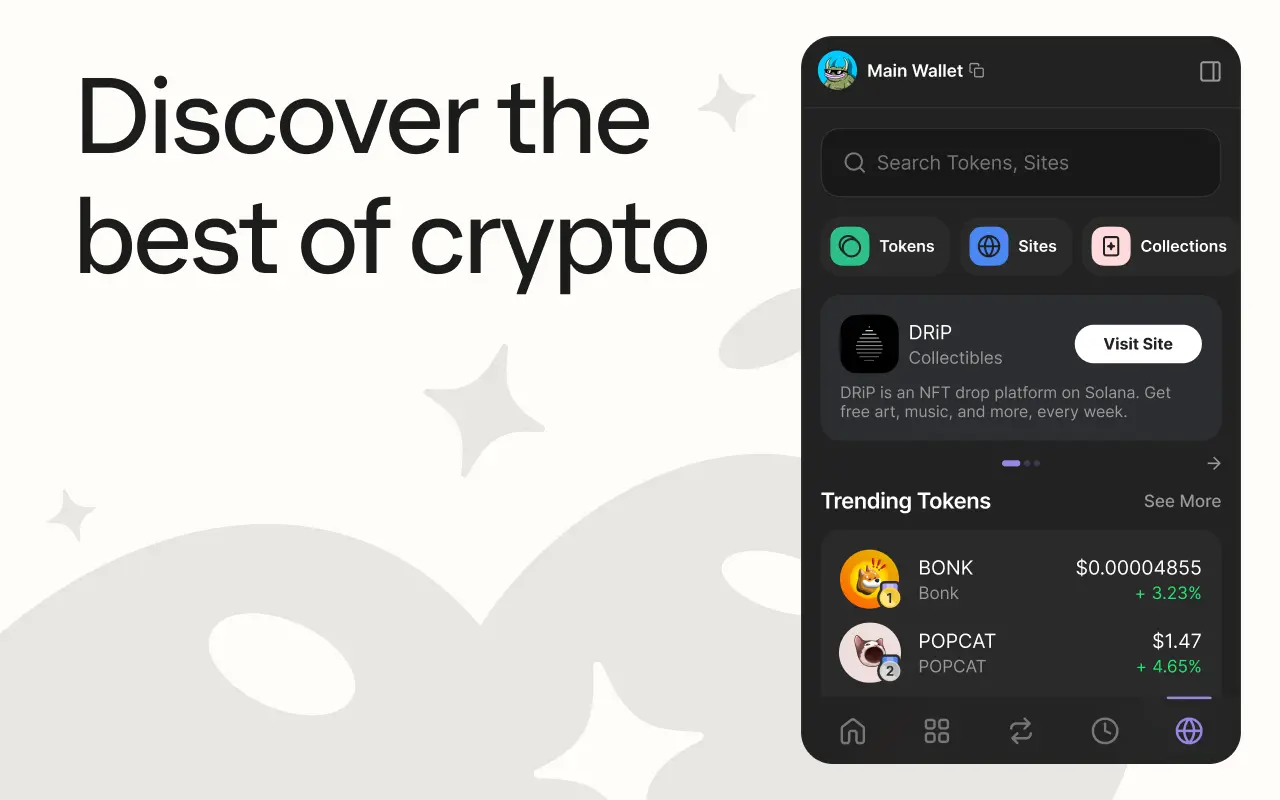 Phantom wallet explore and discovery tab - search tokens, browse trending coins like BONK and POPCAT