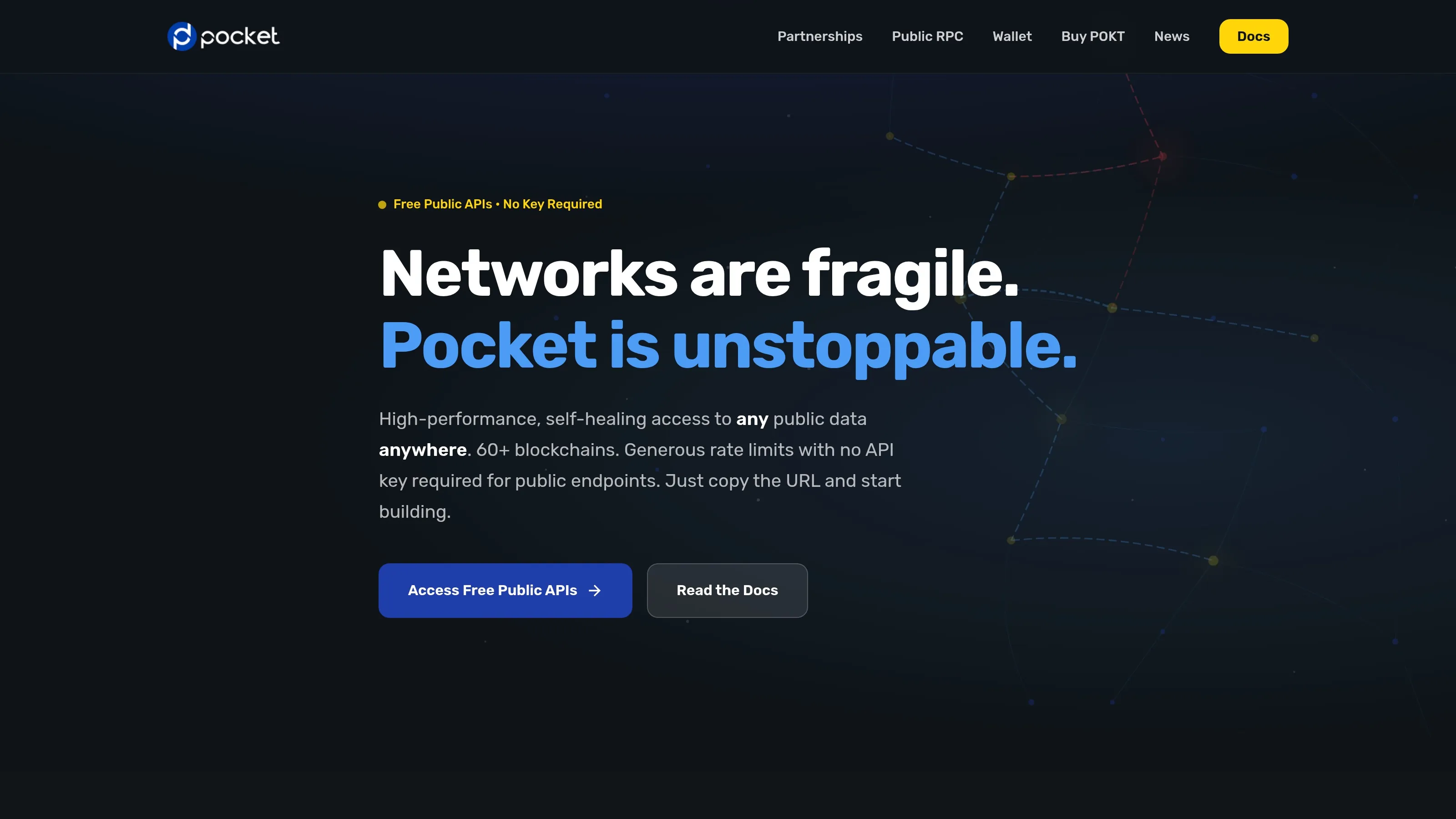 Pocket Network homepage showing public APIs, gateways and open blockchain data messaging.
