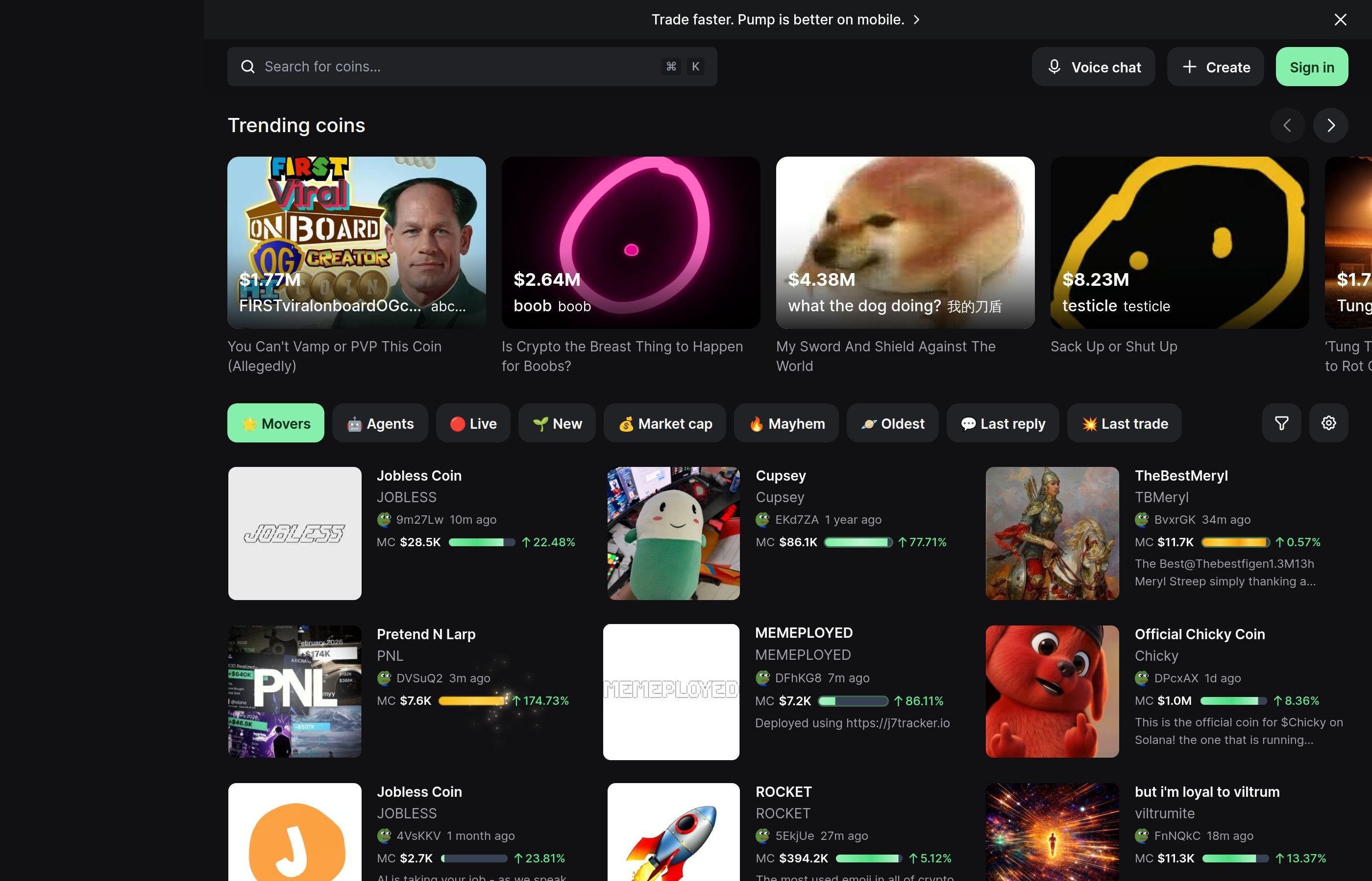 Pump.fun token board with live memecoin listings