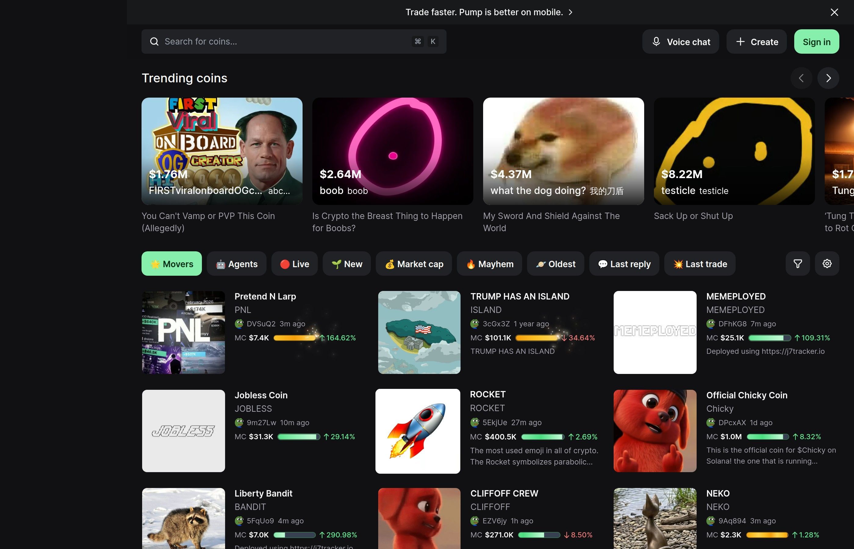 Pump.fun homepage showing trending memecoins
