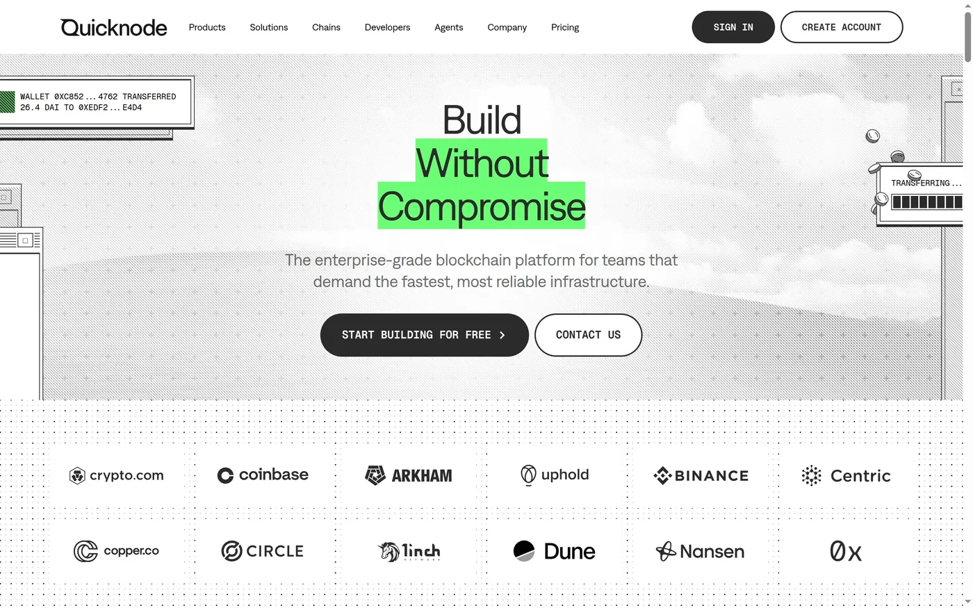 QuickNode homepage highlighting blockchain infrastructure and developer access.