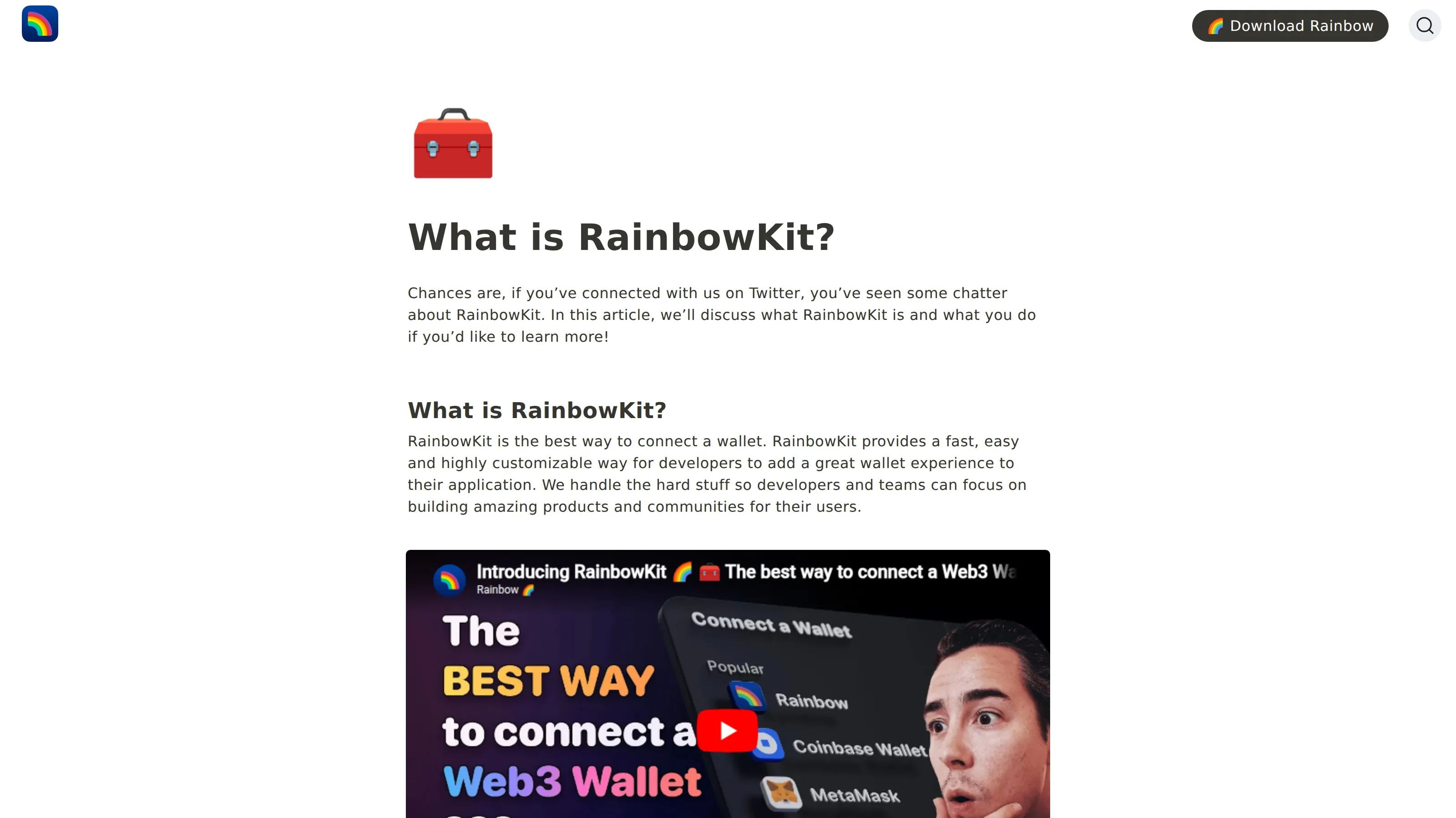 RainbowKit homepage showing wallet connection components and developer resources.