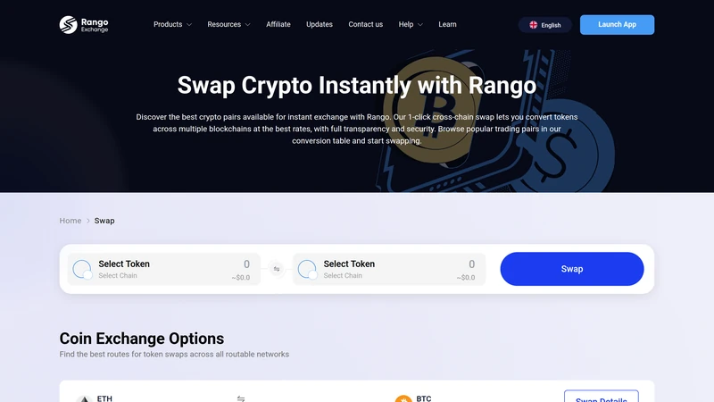 Rango swap page showing route options, FAQs, and cross-chain pair examples