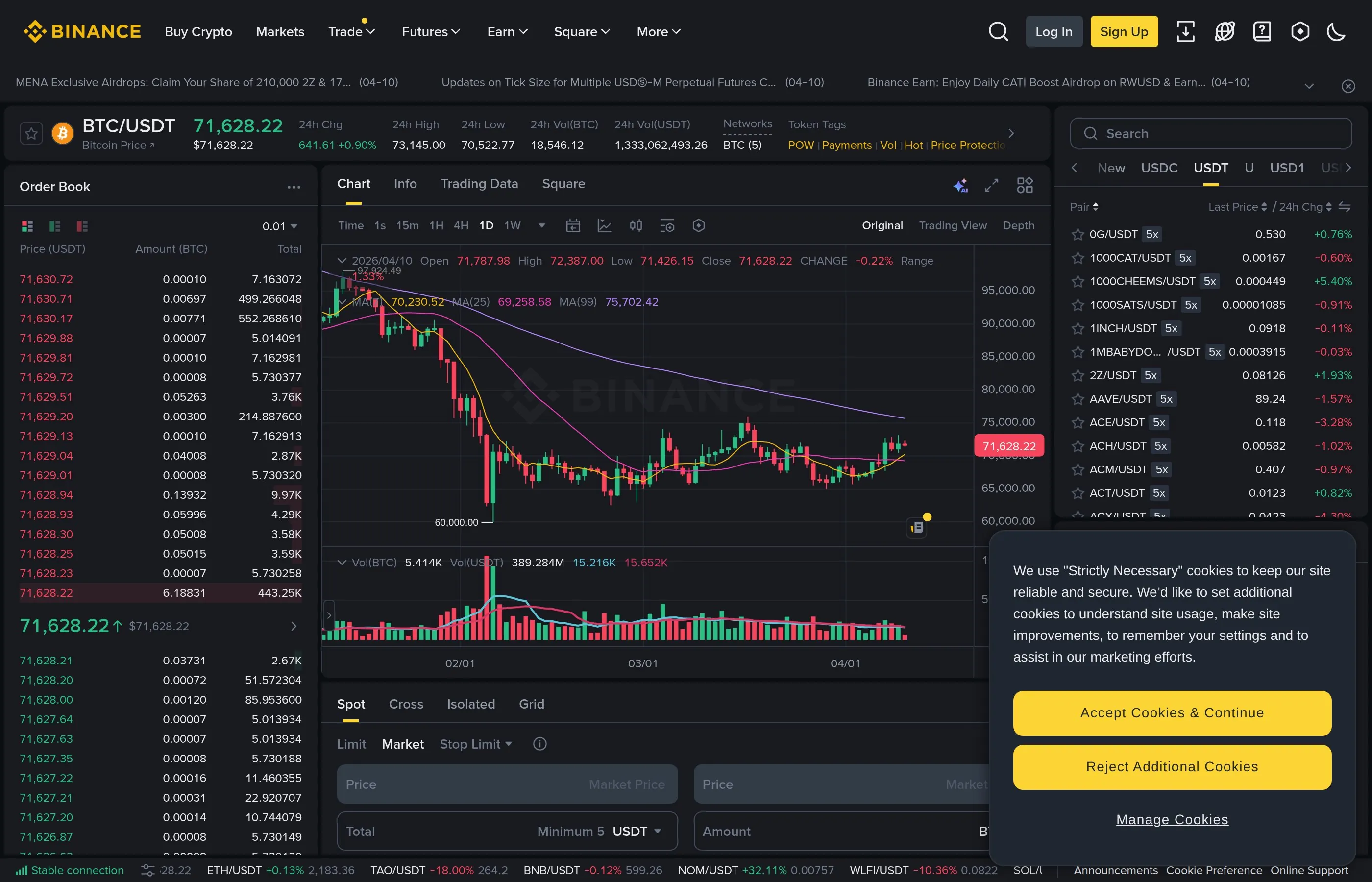 Real Binance trading interface that represents the exchange-side environment before configuring a withdrawal