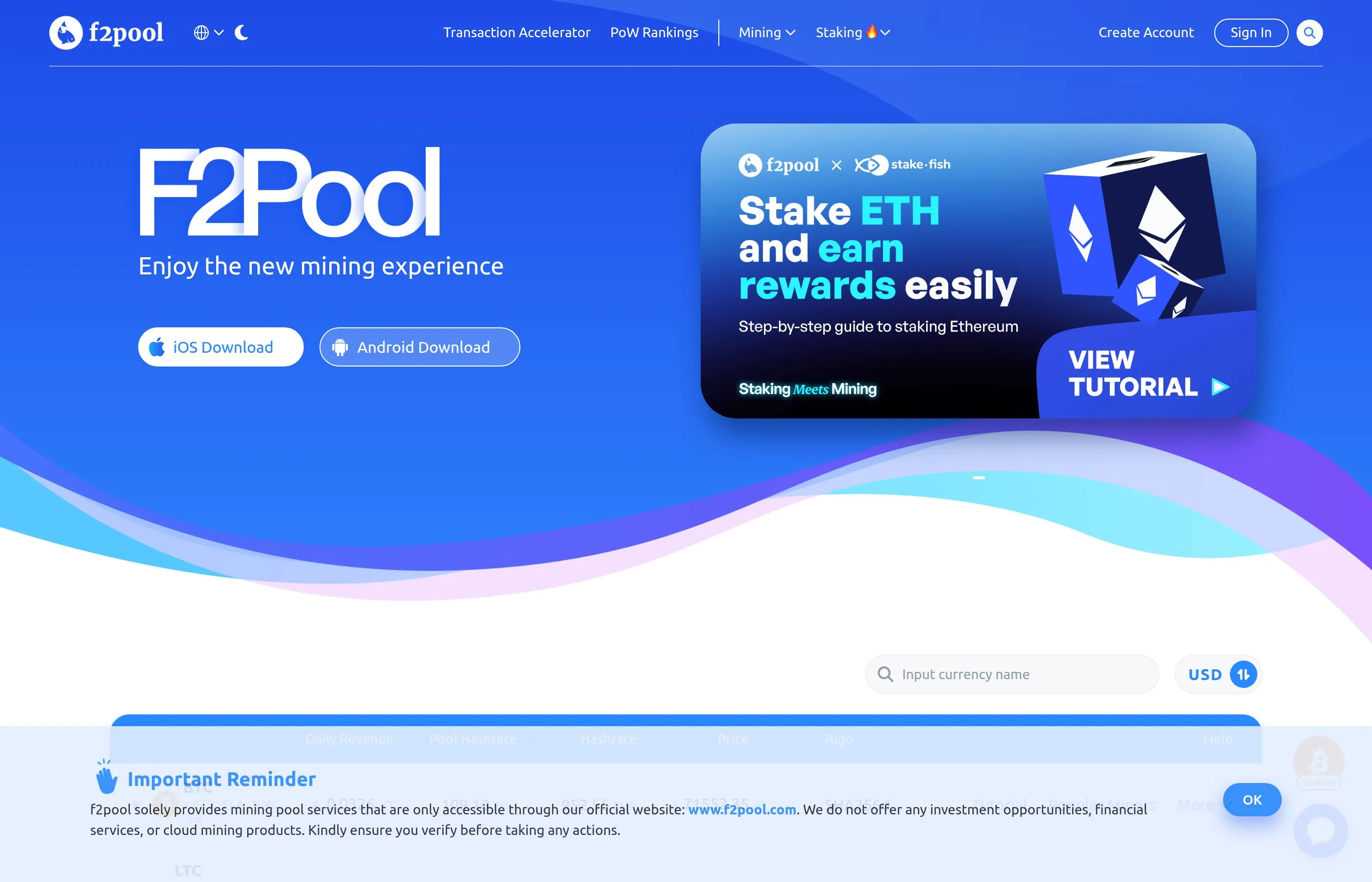 F2Pool mining pool dashboard showing hashrate distribution and mining rewards