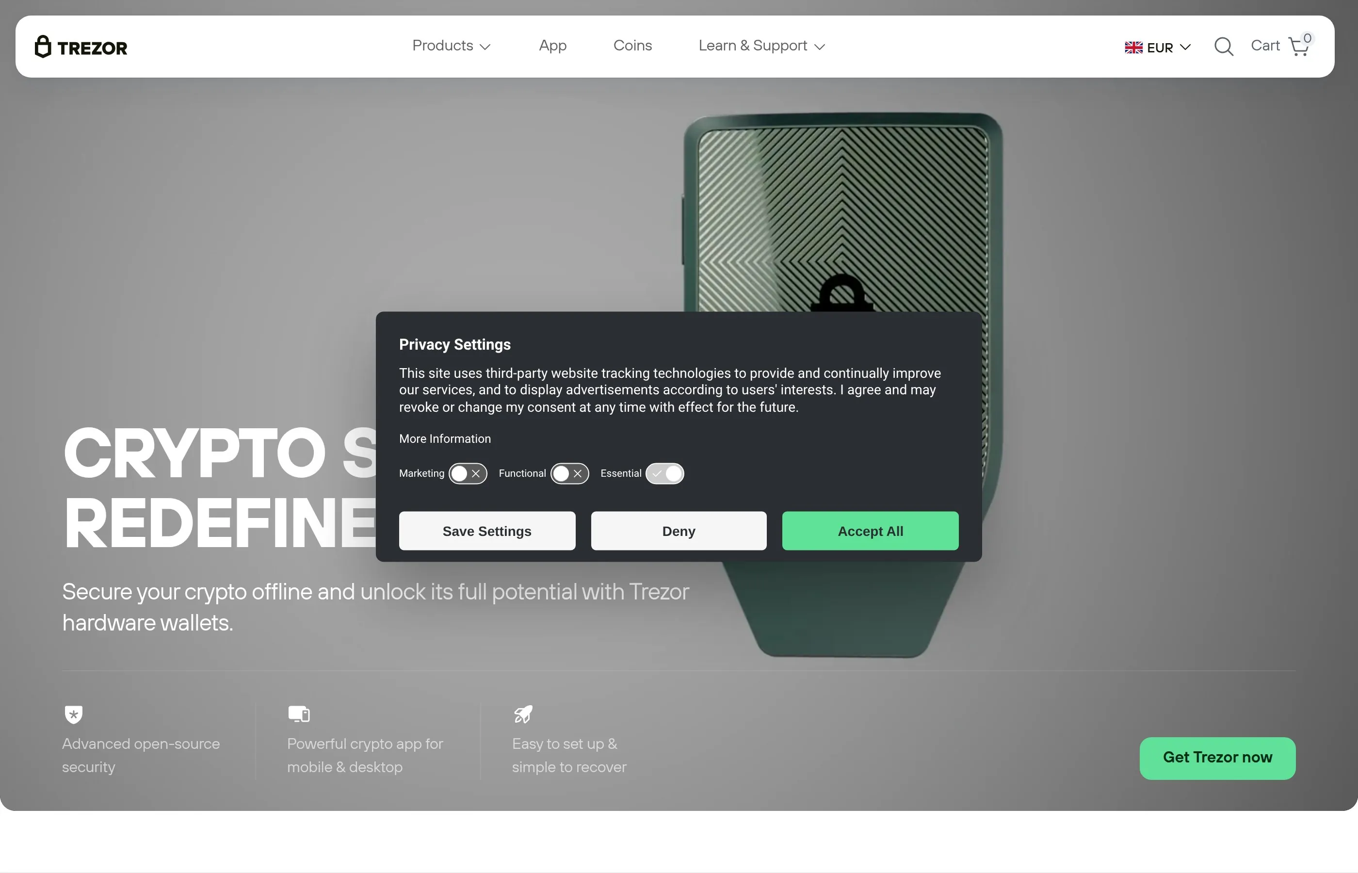 Trezor hardware wallet homepage for secure seed phrase and private key storage
