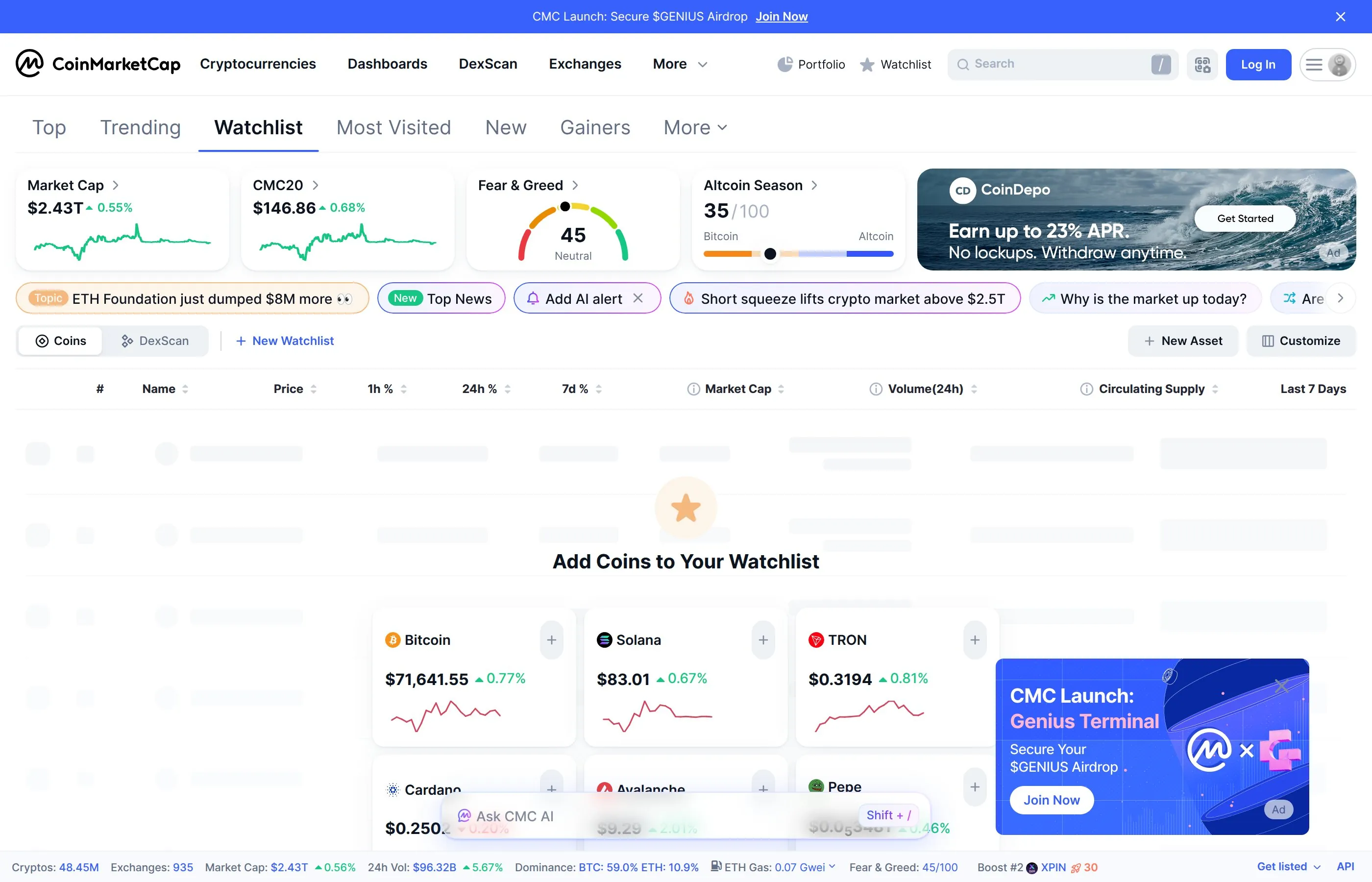 CoinMarketCap watchlist