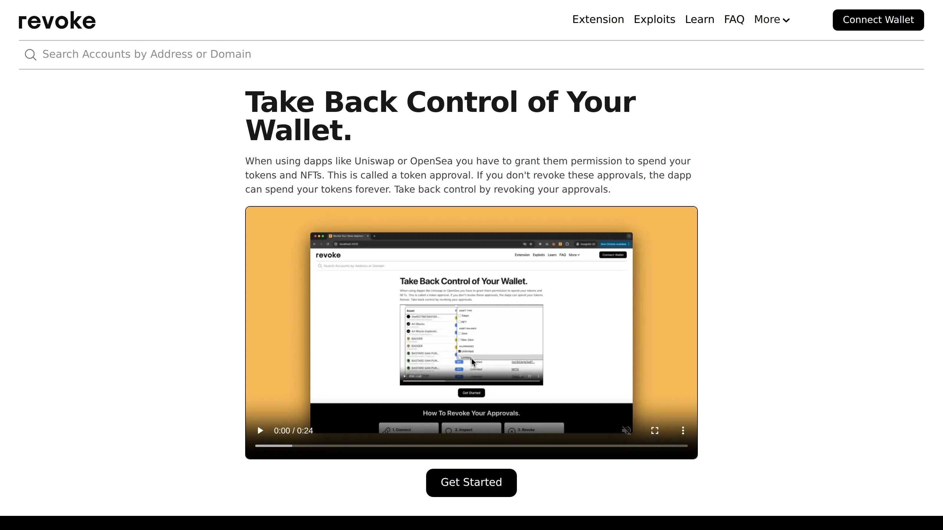Revoke.cash homepage showing token approval revocation and wallet safety guidance.