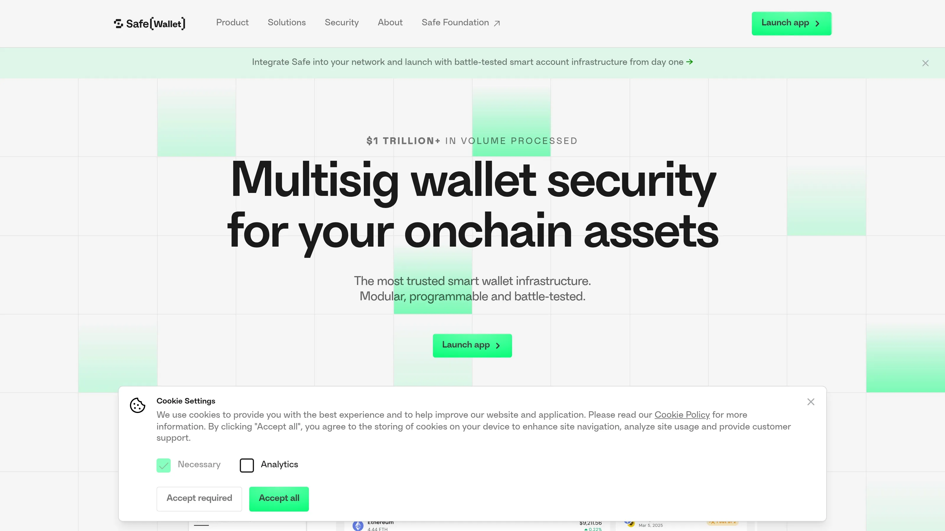 Safe homepage showing multisig wallet and smart account infrastructure for teams and treasuries.