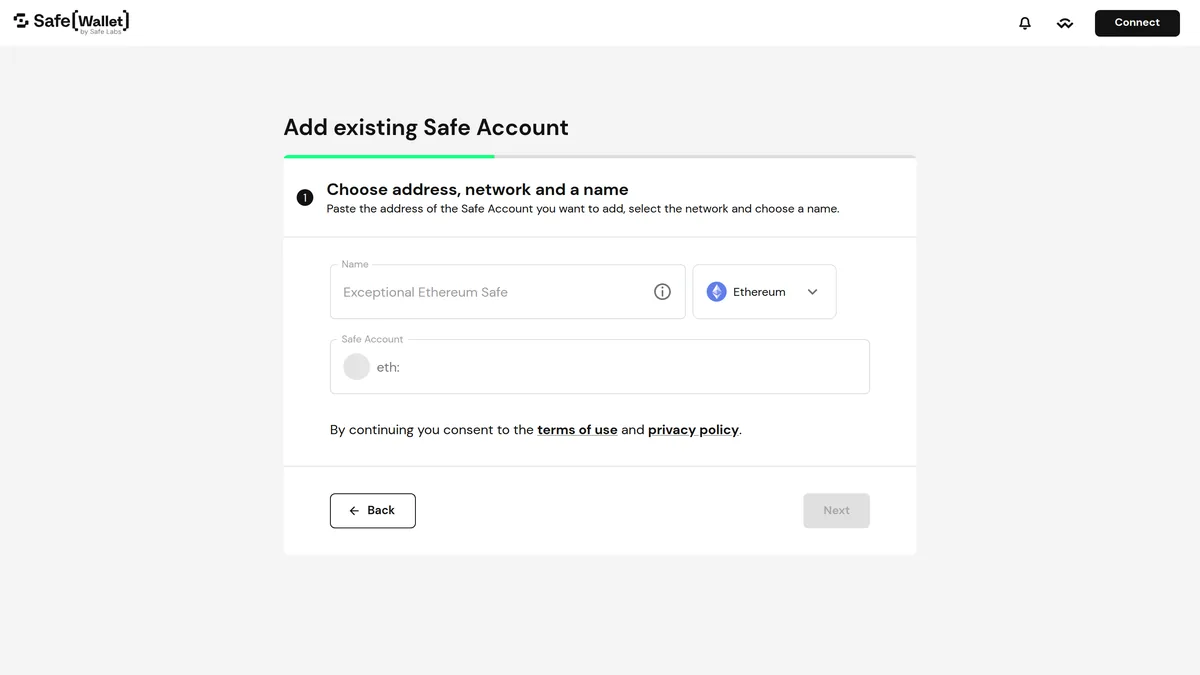 Real Safe Wallet screen for adding an existing Safe account by address and network