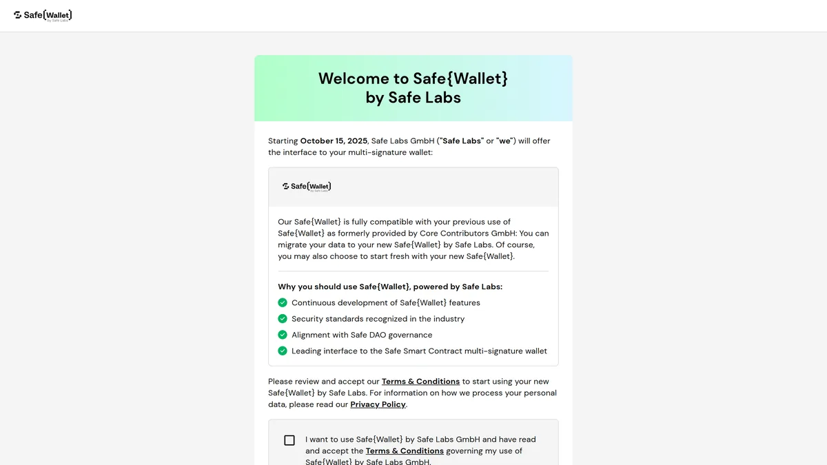 Real Safe Wallet onboarding and first-access screen from the official web app